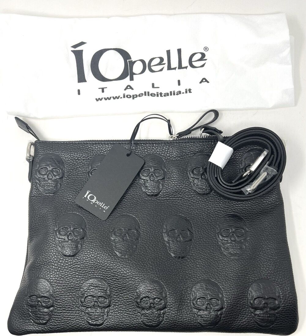 IO PELLE Italia Skull Embossed Black Leather CROSSBODY Bag CLUTCH 14"x 10" NWT